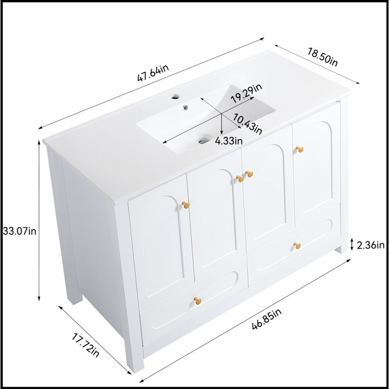 Meuble-lavabo blanc 48 po avec lavabo en céramique, rangement spacieux - 4 portes à fermeture douce et 2 tiroirs, Blanc