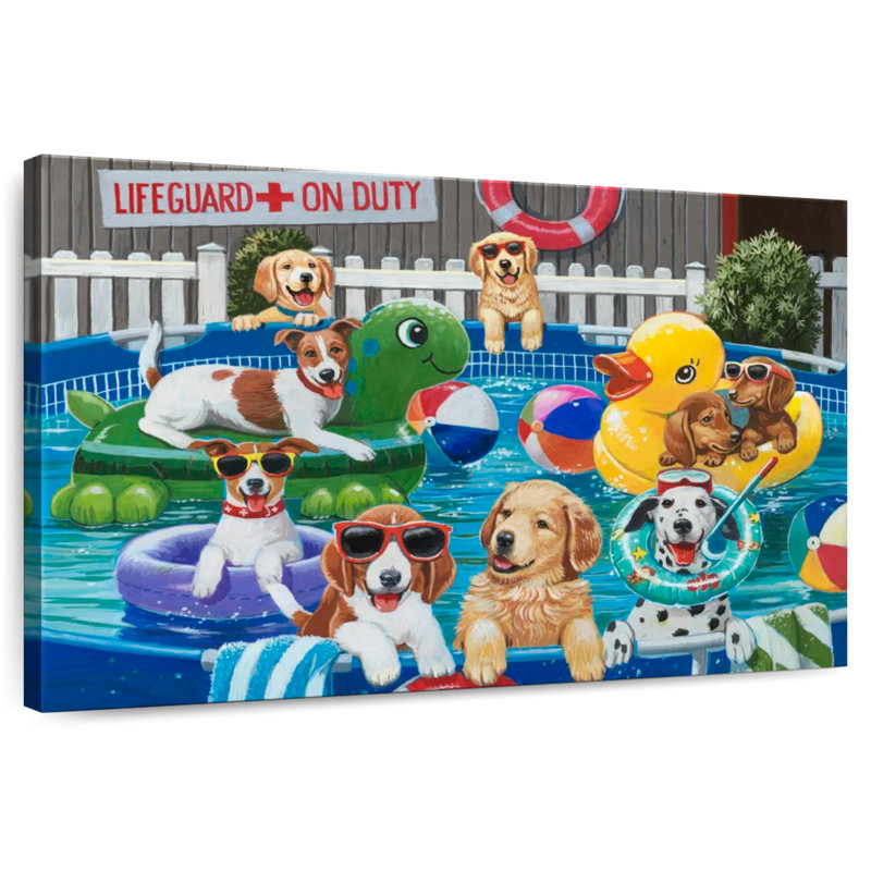 Chiot à la piscine, H 32 po x l 48 po
