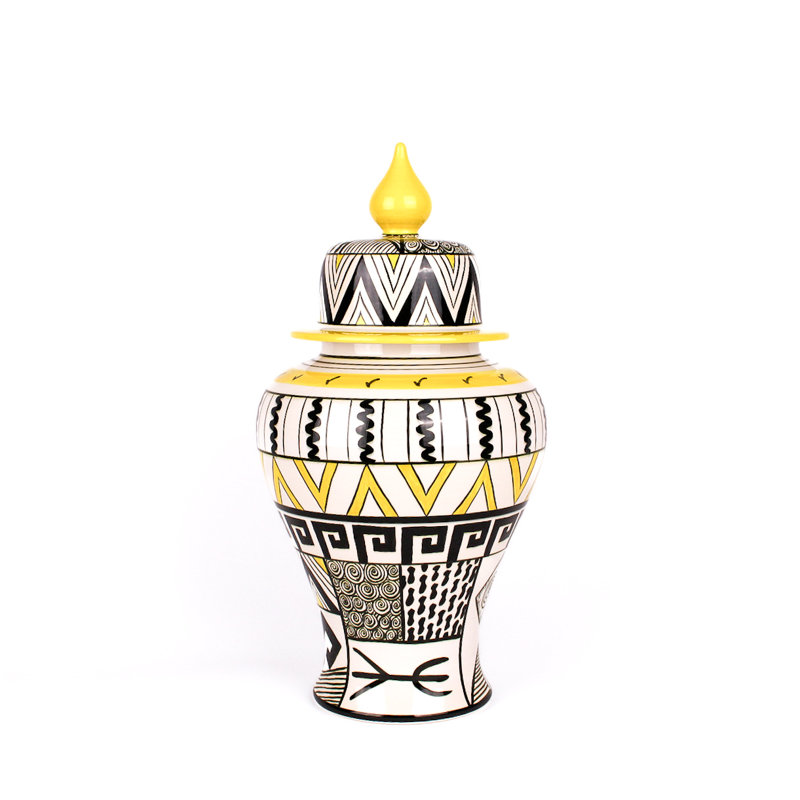 African Handmade Ceramic Jar, 17" H x 9" W x 9" D, Yellow/Black/White