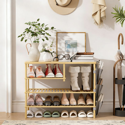 4-Tier Bamboo Shoe Rack, Holds 20-24 Pairs, Removable Pocket