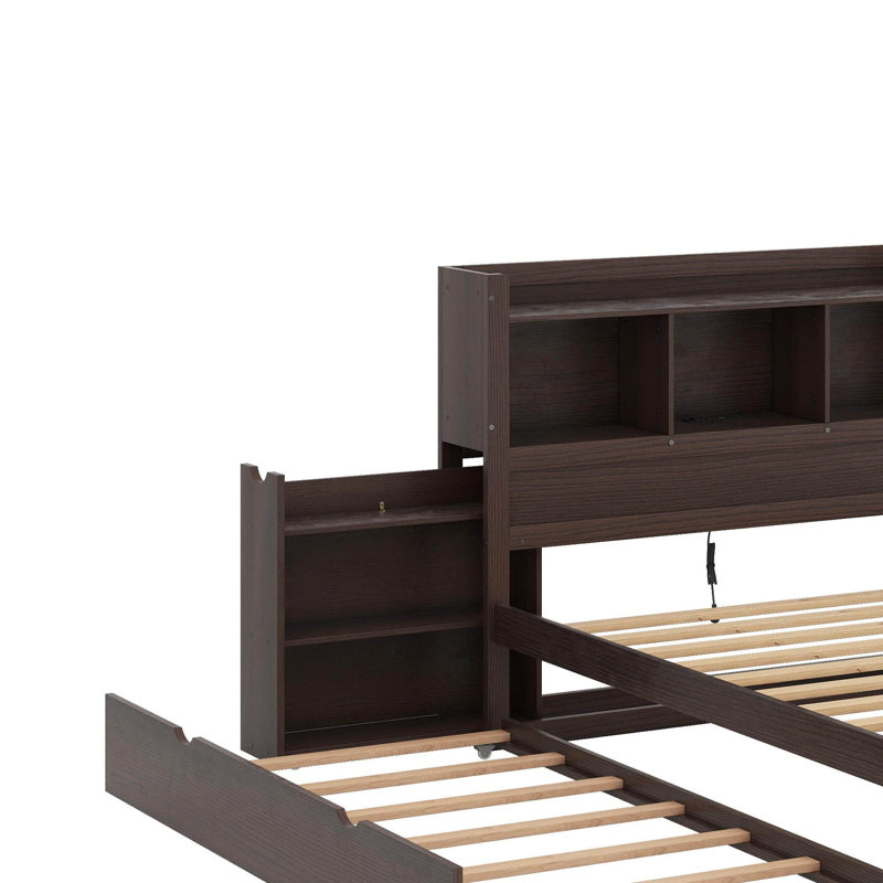 Lit plateforme pleine grandeur avec tablettes coulissantes, lit gigogne simple et tiroirs, Espresso