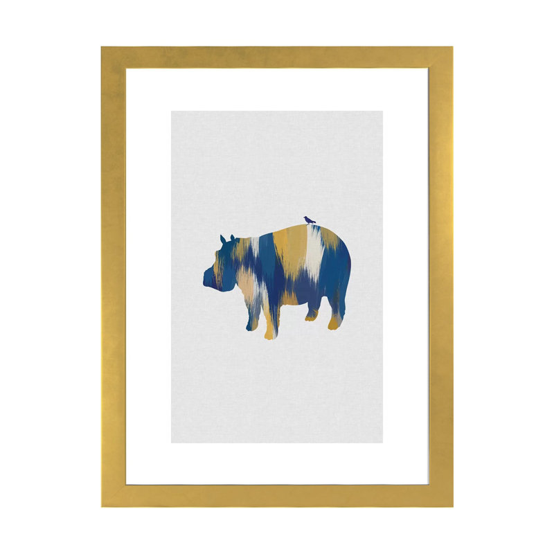 Hippopotame bleu et jaune - impression d'art graphique, H 24 po x l 16 po x P 1 po, Papier encadré doré