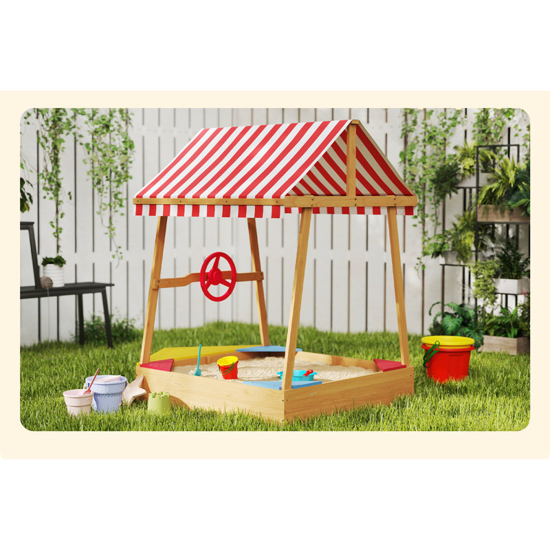 AIYAPLAY Wooden Kids Sandpit with Canopy, Seats, Rudder & Bottom Liner