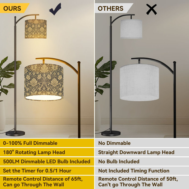  Lampe sur pied à arc avec motif floral damassé élégant et haut beige moderne avec abat-jour réglable en lin à 3 couleurs