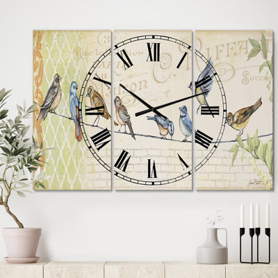 Horloge murale 3 panneaux Birds Gathered On Wire Paris III