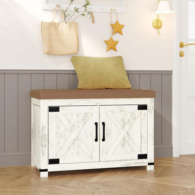 Farmhouse Shoe Storage Bench, 2 Tier Shoe Bench with Padded Seat Cushion & 2 Barn Doors, Entryway Bench with Adjustable Shelf, Shoe Cabinet for Living Room, Bedroom