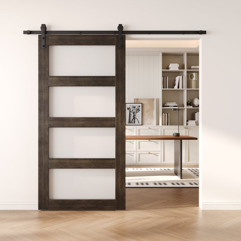 Homacer Ebony 80in 4-Lite Glass Design Unassembled & Finished Barn Door, interior use only, 40" x 80"