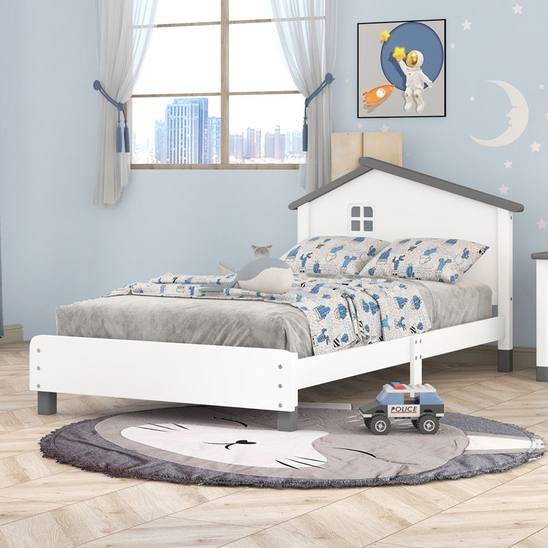 Michigantown Modern Wood Platform Bed Kids Beds with House-shaped Headboard, Cream, Twin