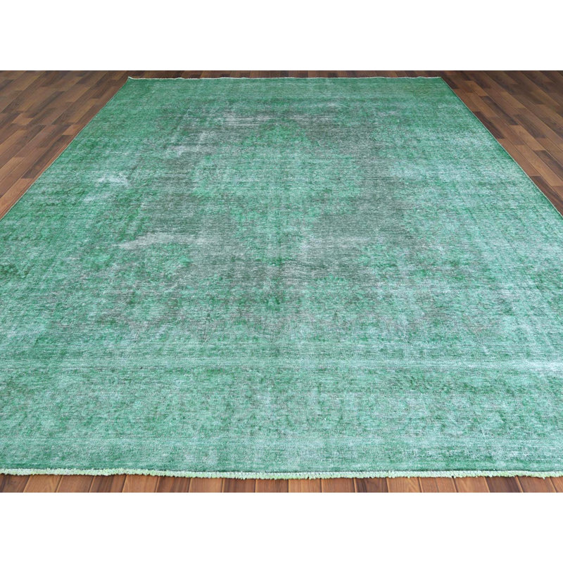 Tapis unique sarcelle en laine noué à la main de style années 1970 de 9 pi 7 po x 12 pi 5 po Jahon
