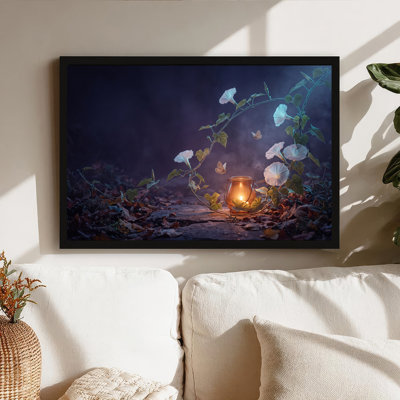 White Morning Glory Vines With Glowing Lantern Canvas Wall Art