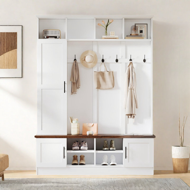 3-in-1 Hall Tree With 6 Hooks, Bench, Left Cabinet With Adjustable Shelves And Open Compartments, White