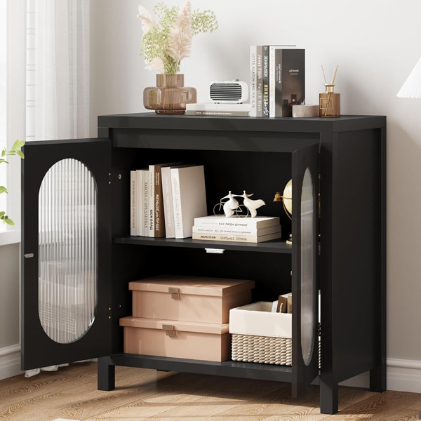 Gracie Oaks Black Retro 30.1-Inch Buffet Cabinet with Fluted Glass ...