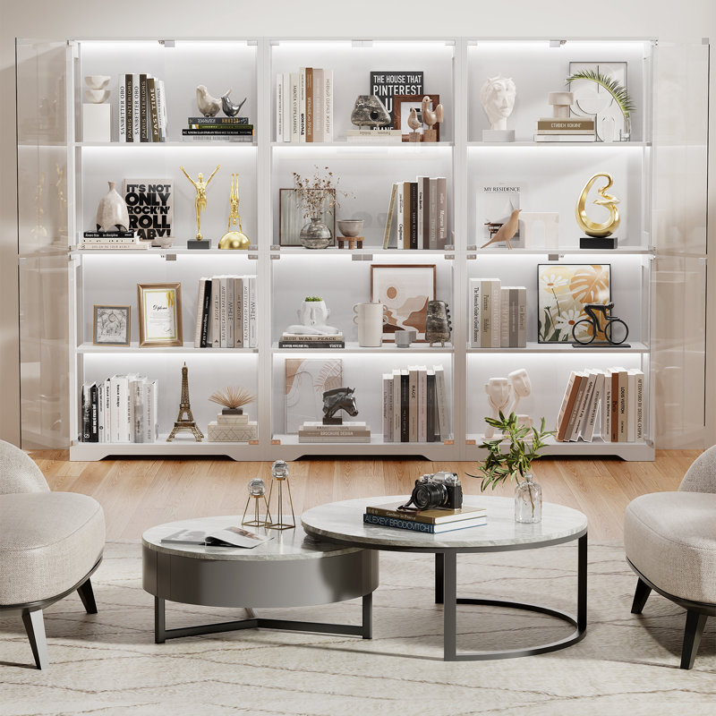 Vitrine avec portes en verre, vitrine à 4 niveaux avec 3 lumières colorées pour objets de collection, trophée bibliothèque pour livres, vitrine en verre avec capteur de corps humain, armoire de rangement