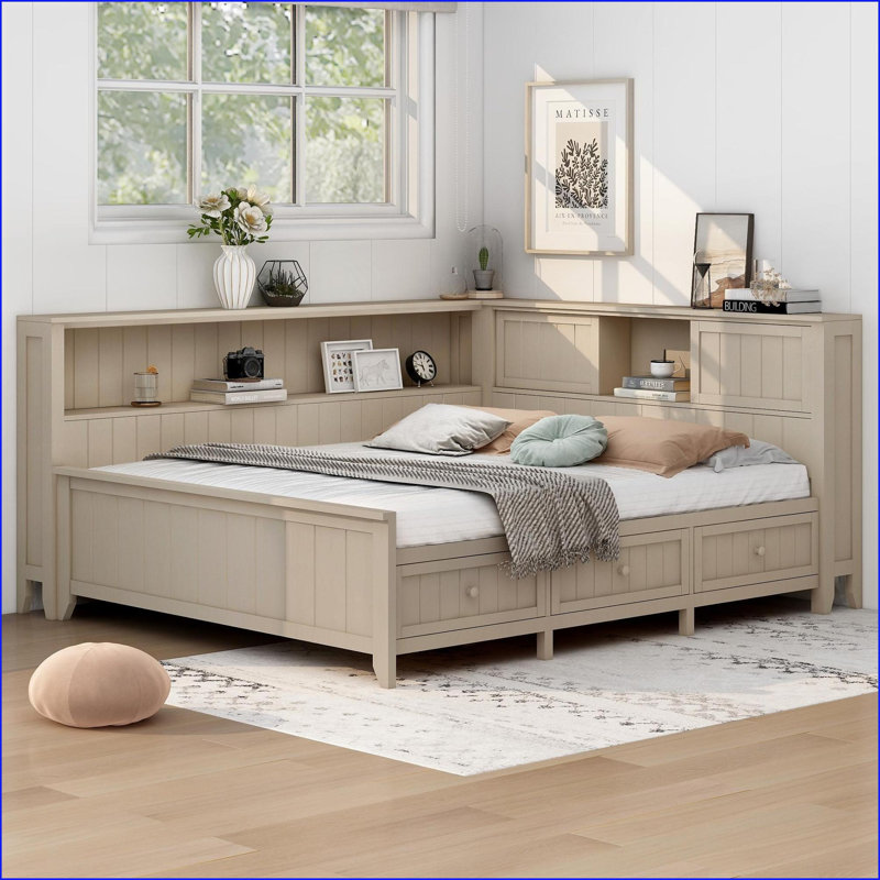 Lit de jour pleine grandeur en bois de pin avec tablettes et amp; 3 tiroirs - lait blanc antique, aucun sommier nécessaire