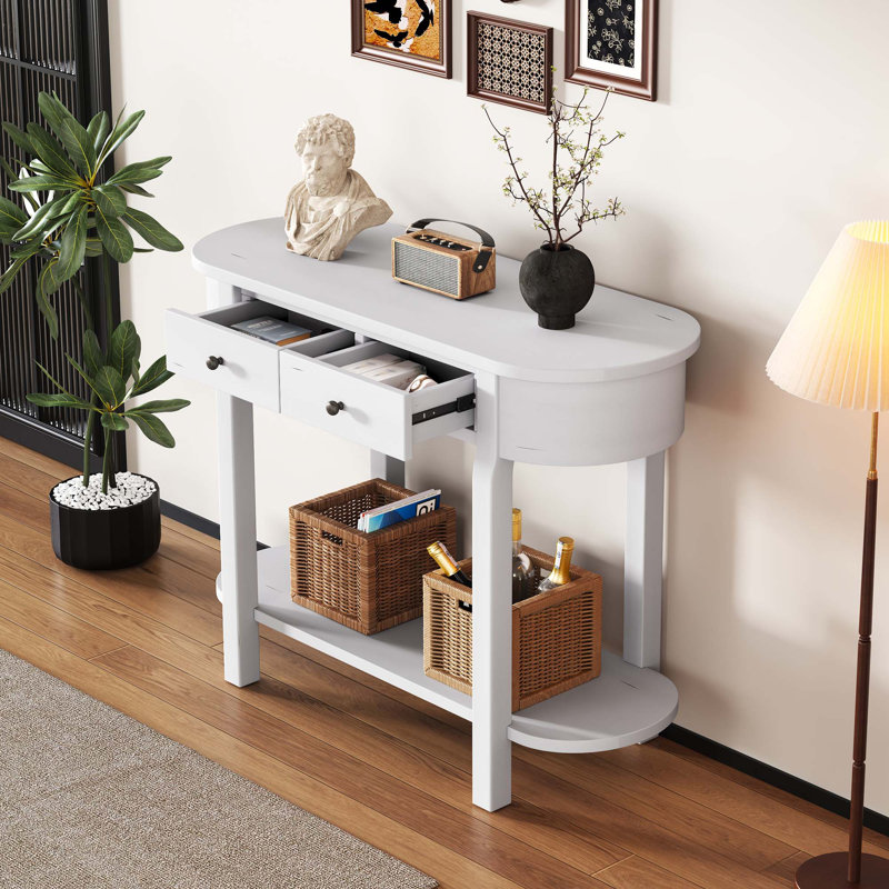 Elegant Retro Console Table With Curved Design & Smooth Glaze, Antique White