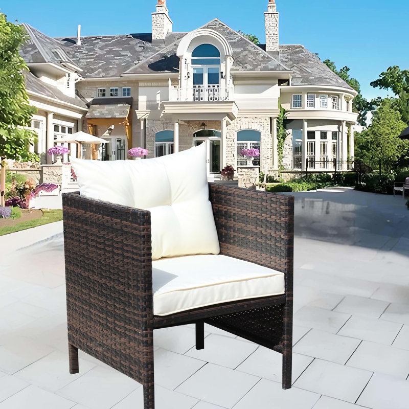 Chaise de patio confortable, brun, coussin beige, assemblage requis