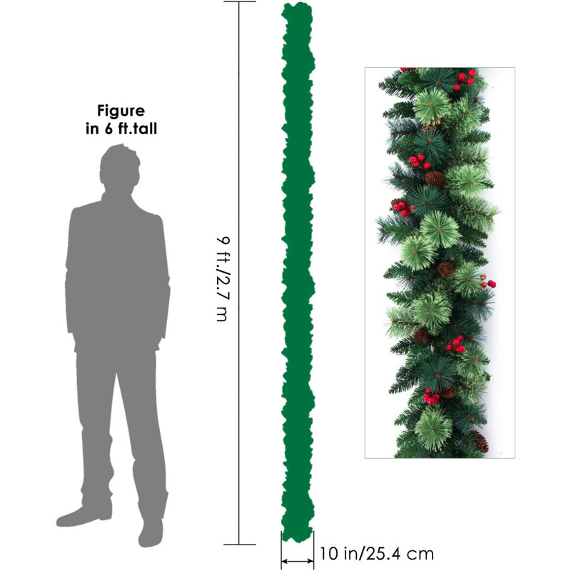 Guirlande de Noël artificielle avec pommes de pin et baies rouges, décorations de 9 pieds par 10 pouces Xms non éclairées