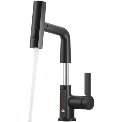Robinet de salle de bain monocorps noir avec douchette extractible et affichage de la température Mate