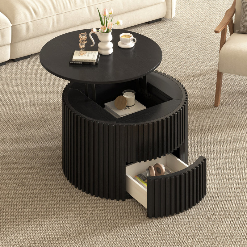 Table basse ronde à plateau relevable, table d'appoint moderne en bois cannelé avec rangement caché pour le salon, Noir