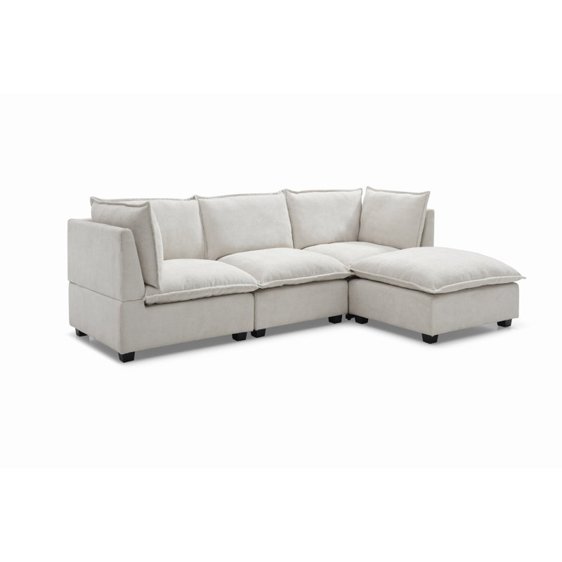 Kellan Modern L-Shaped Sectional Sofa with Convertible Ottoman, Beige Linen