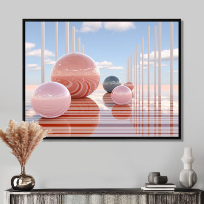 Orbes roses, ciel azur, architecture minimaliste - paysage abstrait, art mural, salon