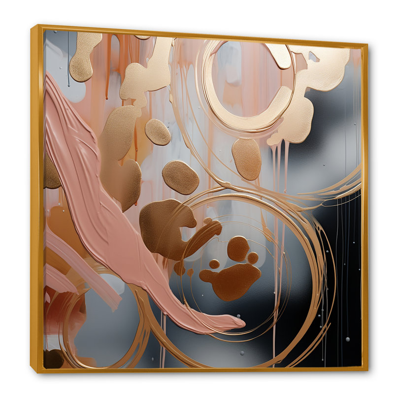 Art abstrait abstrait, encre liquide dorée II - formes abstraites, art mural, H 16 po x l 16 po x P 1 po, Cadre flottant doré
