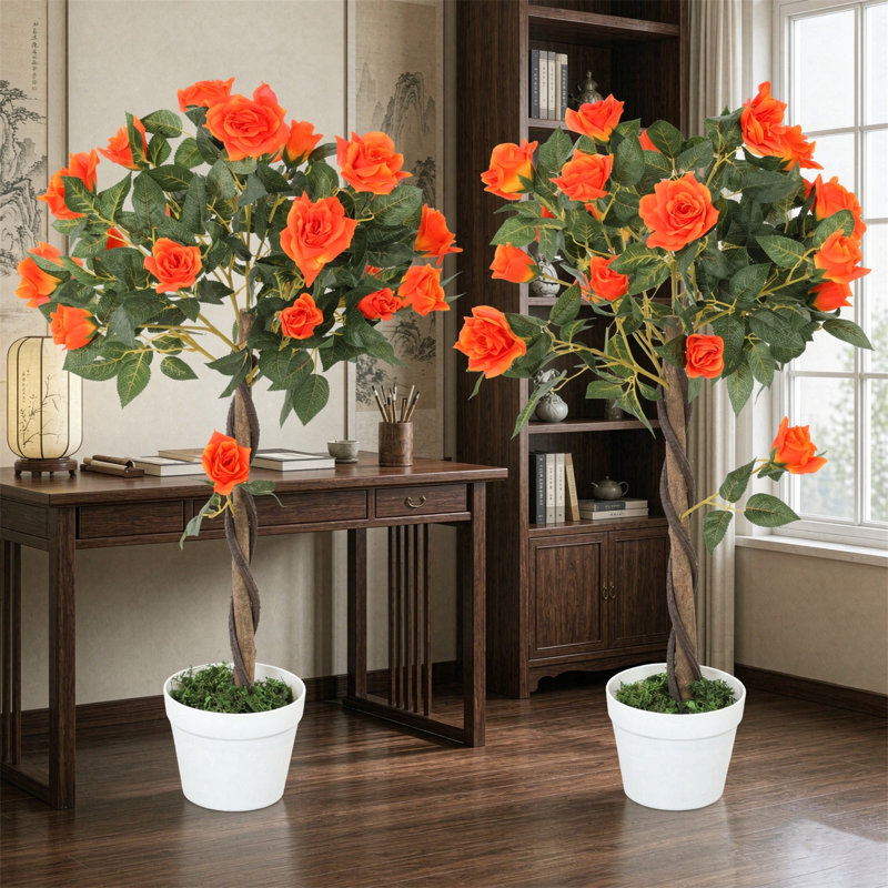 90 cm H Faux Plant in Cement Freestanding  Planter, Orange