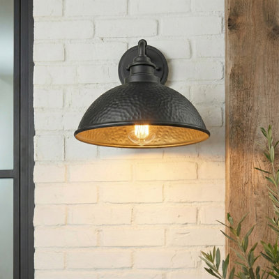 10.5 in. 1-Light Hammered Black With Matte Gold Interior Outdoor Wall Lantern