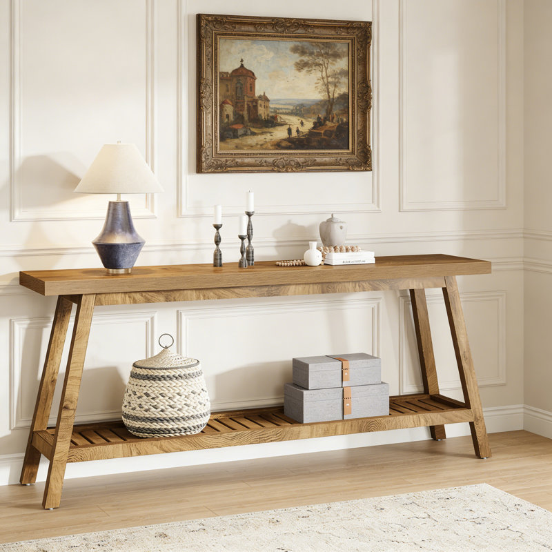 Farmhouse Console Table, 70.9" 2-Tier Wooden Entryway Sofa Table, Light Brown