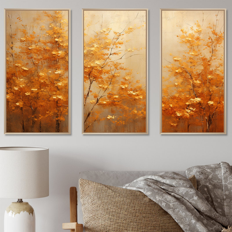 «Golden Autumn Forest Harmony I», ensemble d'art mural sur toile, H 40 po x l 60 po x P 1 po, Cadre flottant érable