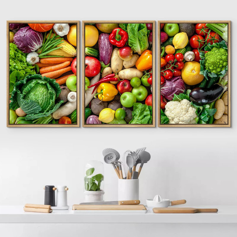 Assortiment de décoration murale moderne de fruits et légumes frais, H 36 po x l 72 po, Cadre naturel flottant