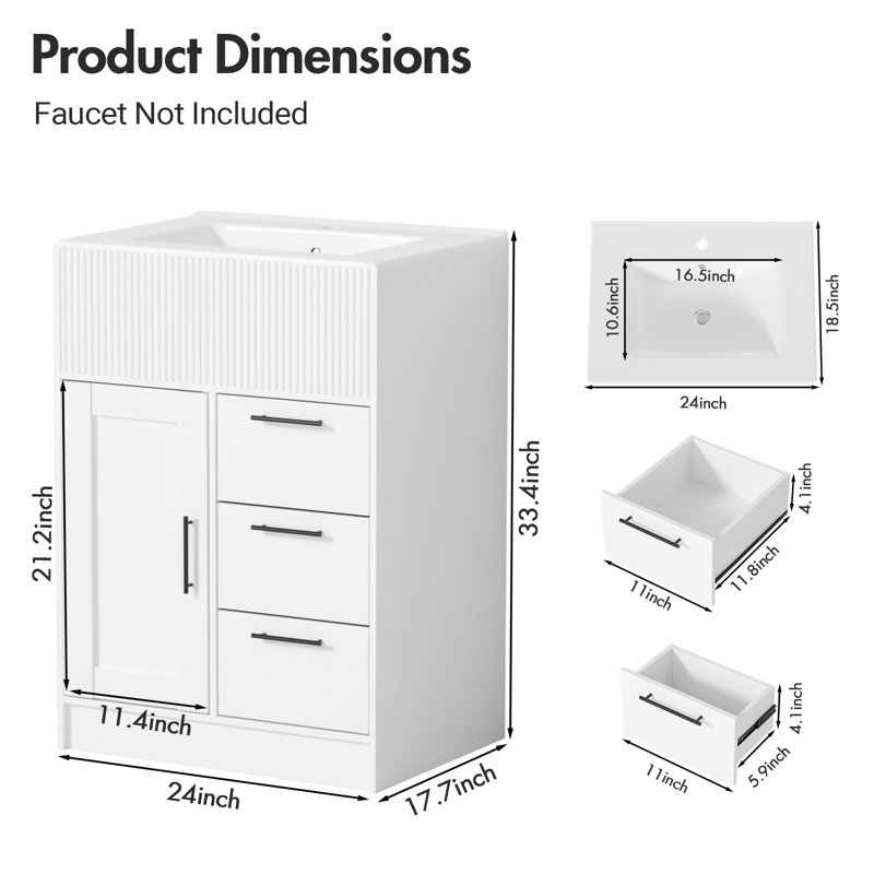 24" Modern White Freestanding Single Sink Bathroom Vanity Set with Integrated Sink and Storage, White
