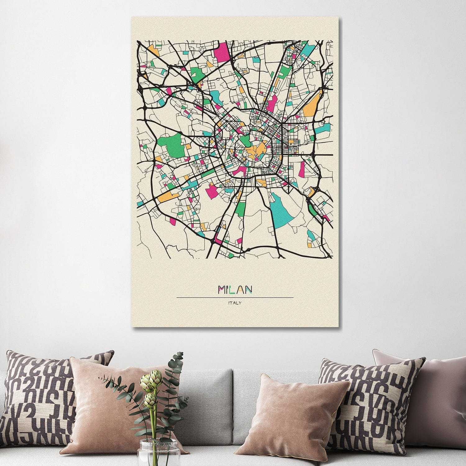 Milan, Italy Map by Ayse Deniz Akerman - Wrapped Canvas Gallery-Wrapped Canvas Giclée East Urban Home Size: 60 H x 40 W x 1.5 D