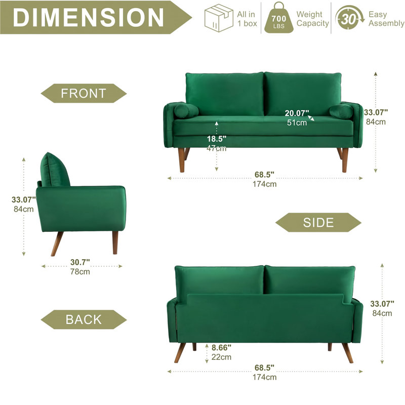 Canapé en velours Hefling 68,5 po, Velours vert