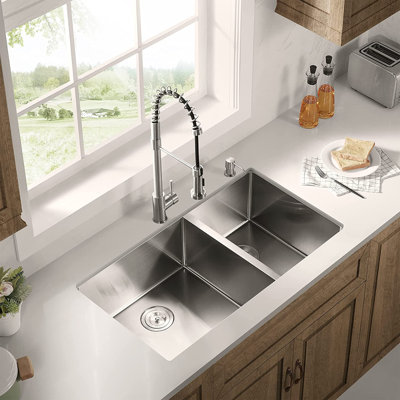 36-in. 60/40 Double Bowl Drop-in or Undermount Kitchen Sink with Thick Deck and Grids
