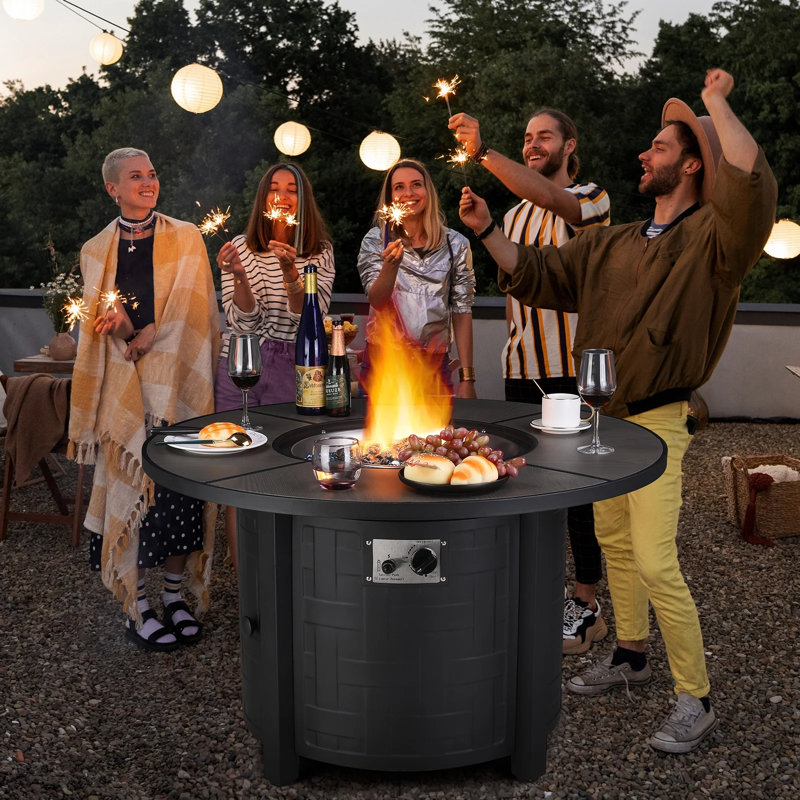 Melisa 42" Round Propane Fire Pit Table, 50,000 Btu Outdoor Auto-ignition Gas Firepit With Removable Lid & Waterproof Cover, Glass Decoration