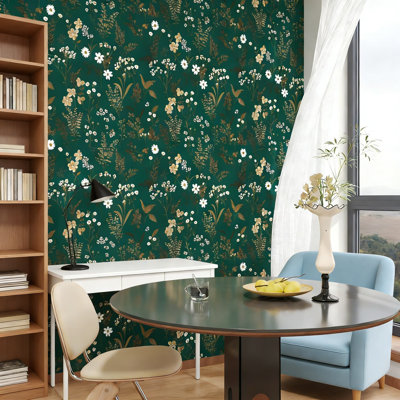 Papier peint adhésif floral foncé foncé - Vinyle botanique vert rétro et feuille d'or, papier peint amovible autocollant imperméable pour armoire, bibliothèque, décoration de chambre à coucher