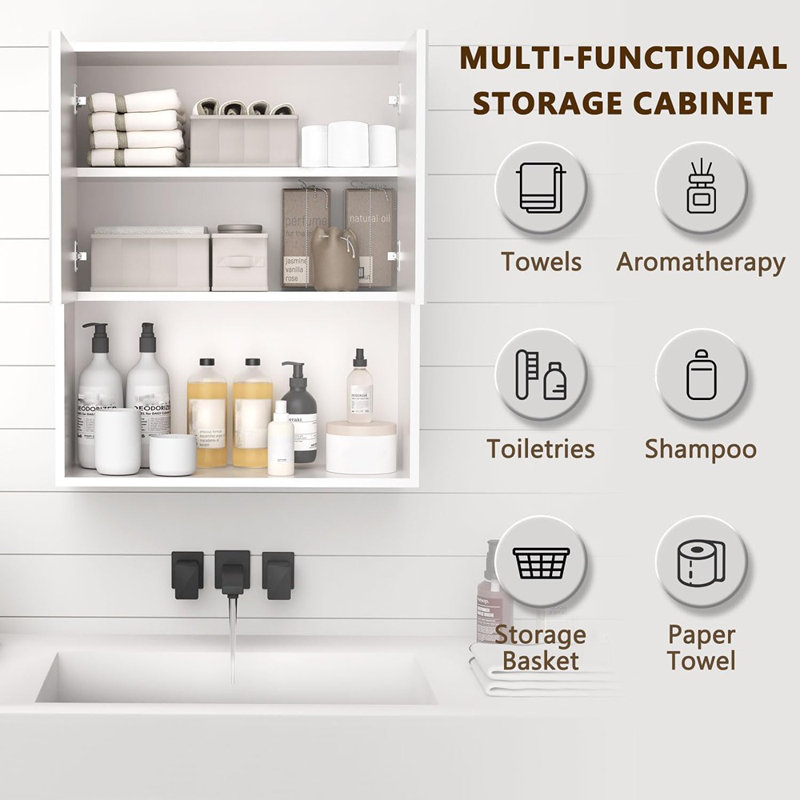 Armoire murale blanche cannelée - Rangement au-dessus de la toilette avec tablette réglable