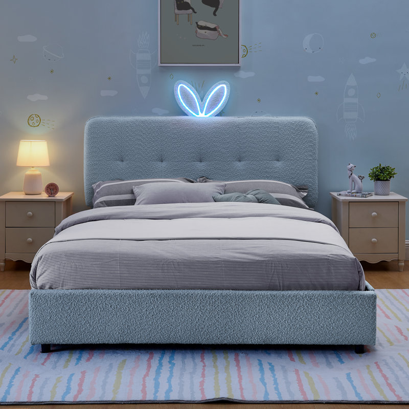 Full Size Kids Upholstered Bed with Rabbit Ear Headboard, LED Light & 4 Storage Drawers, Boucle Fabric,Beige, Full, Navy