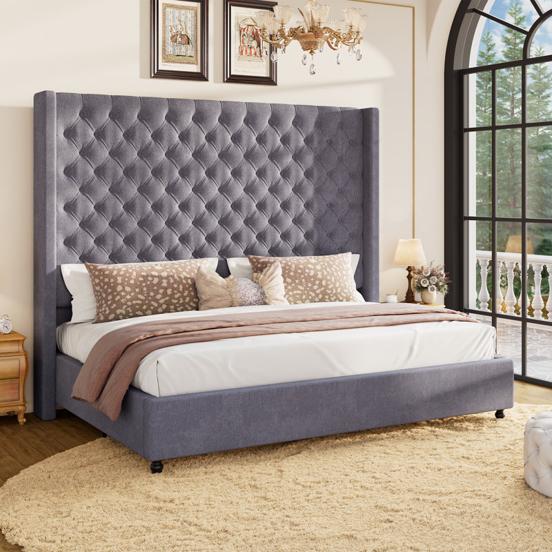 Duluth California King Cream Extra-Tall Deep Button-Tufted Wingback Upholstered Platform Bed, Dark Gray, Queen