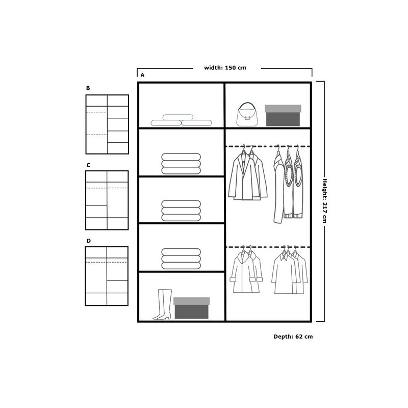 Moscow Sliding Wardrobe with Mirror Modern Bedroom Wardrobe 4 Colours 3 Sizes, 217cm H x 150cm W x 62cm D, Gray