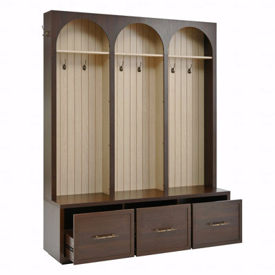Wooden Style Finish Hall Tree With Storage Function Rack With Arched Design, Elegant Design 59" Width For Entryway Use Bench With 8 Retro Style Hooks, Rustic Style With Coat Rack And  Shoe Organizer With 3 Drawer Storage