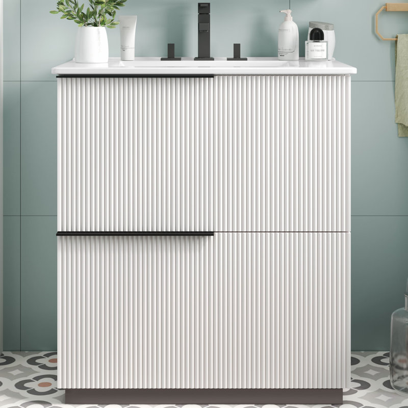 Meuble-lavabo de salle de bain avec lavabo en céramique et tiroirs pleine extension, combinant design moderne et matériaux de haute qualité pour une fonctionnalité et un style ultimes.
