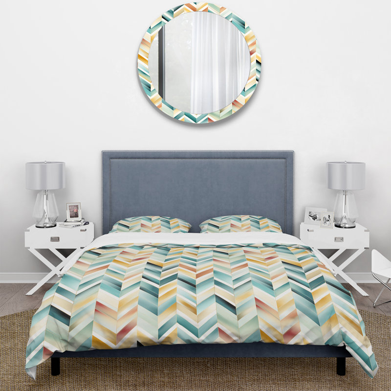 Ensemble de housse de couette à chevrons vintage en émeraude et beige Boho - microfibre de polyester