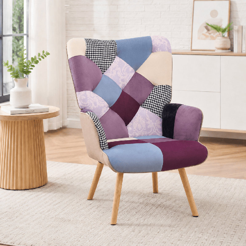 Fauteuil décoratif à haut dossier pour chambre et coin lecture Floral Patchwork, Mélange de polyester mauve