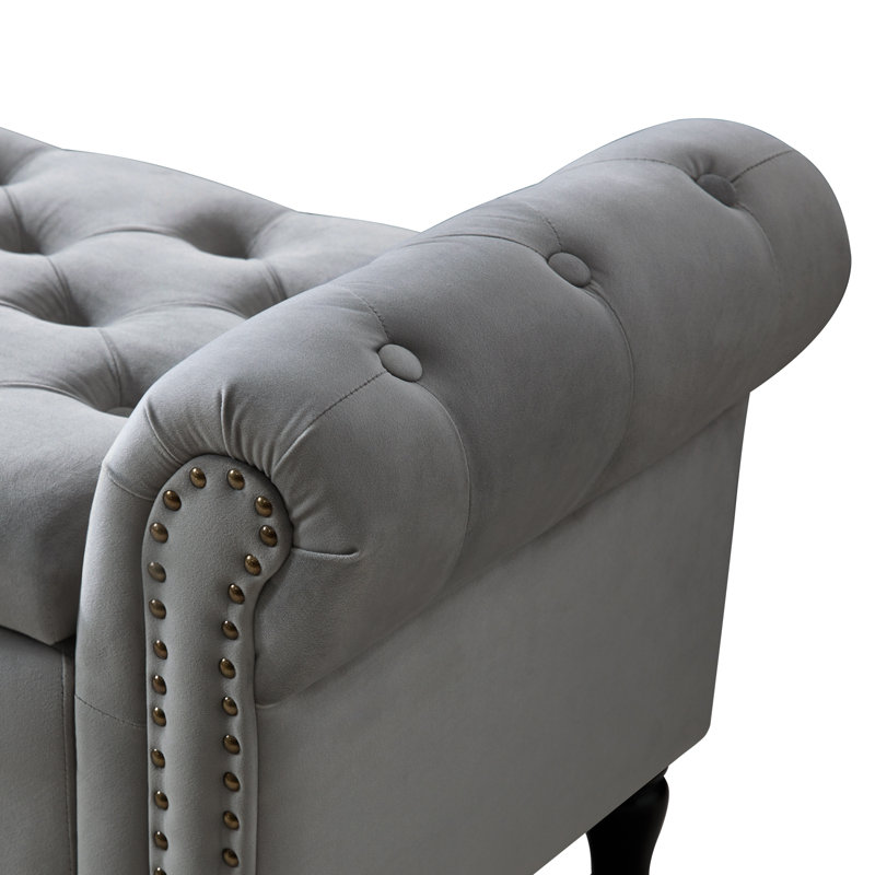 Banc de rangement 67 po pour très grand lit avec siège capitonné et accoudoirs roulés, Gris foncé, 67 po de largeur