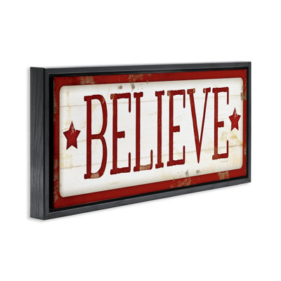 Believe Red Christmas Phrase Framed Floater Canvas Wall Art by Jennifer Pugh hwp-381