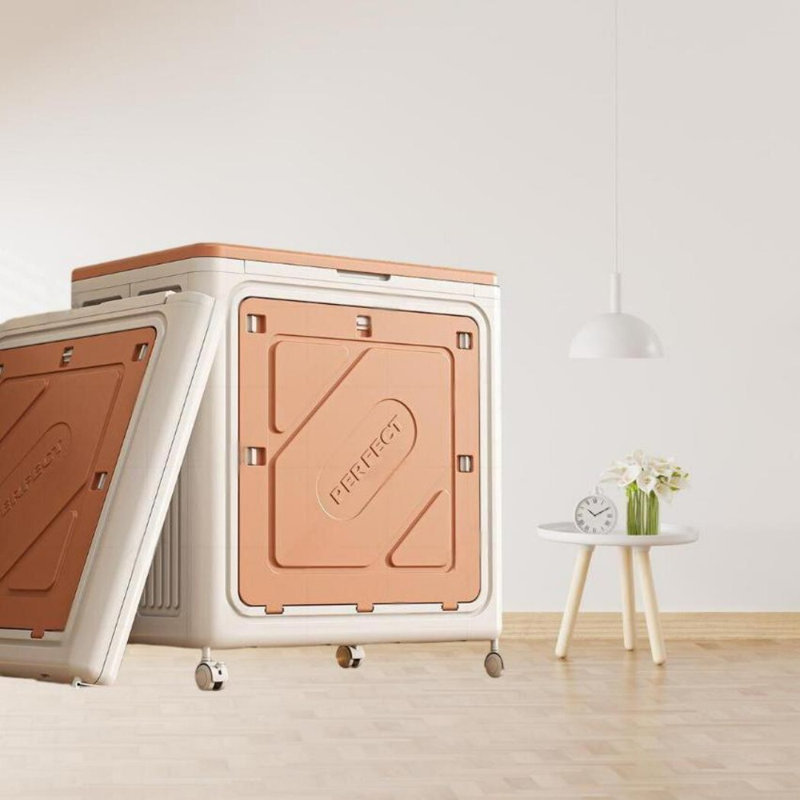 Large Capacity Foldable Clothes Organizer with Wheels and Lid, Light Brown