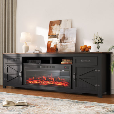 80"W Farmhouse Fireplace Tv Stand With 36" Electric Fireplace, Wood Entertainment Center for TVs up to 90", TV Console Table with Drawers & Cabinets