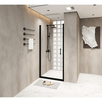 6mm Thick Tempered Glass Pivot Shower Door With Black Aluminum Frame, Proof Film, Aesthetic Stainless Steel Handle, Swing For Bathroom 28"x72" Matte Frame Door, Upgrades